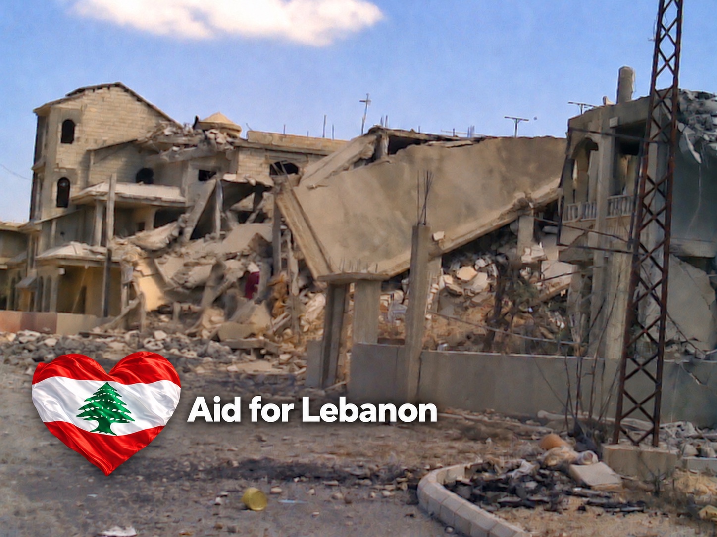 Destroyed buildings in Lebanon with a Lebanese flag heart